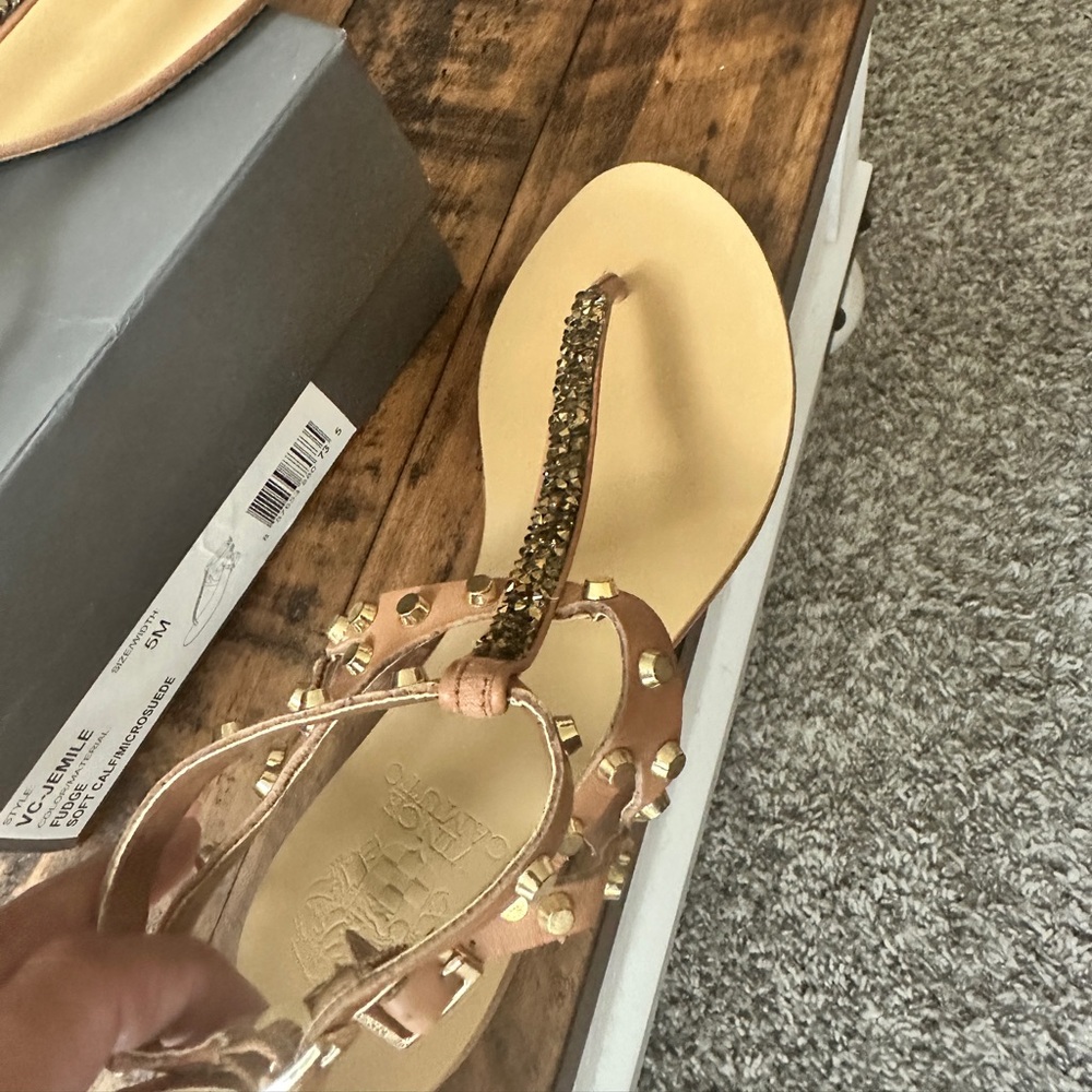 Vince Camuto Women's Jemile Leather Studded
Tan Flat Thong Sandals.